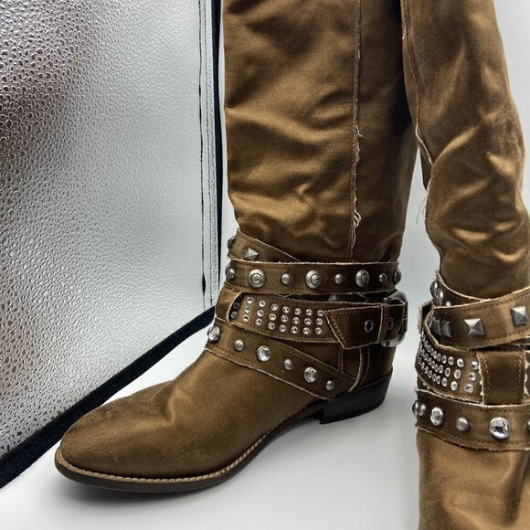 Guess Western Brown Satin Low Heel Mid Calf Buckle Rhinestone Boots Size 5.5 - Picture 2 of 7